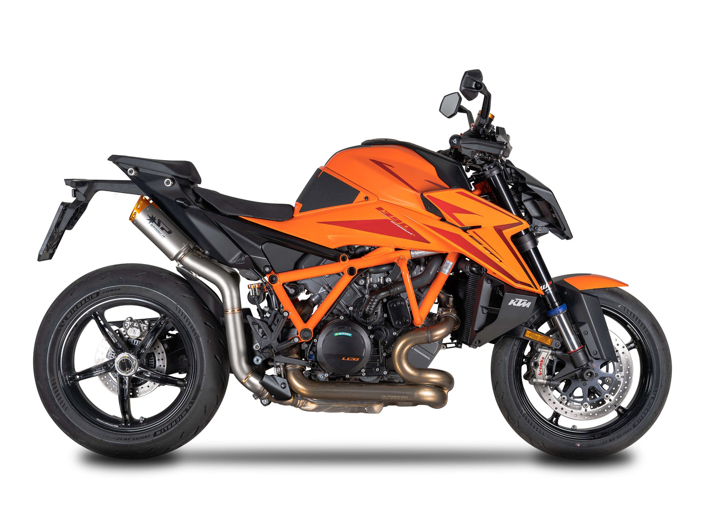 SPARK GKT0120 KTM 1290 / 1390 Super Duke R / R Evo (2020+) Titanium High-mount Double Exhaust "Dyno" (EU homologated; orange end caps)