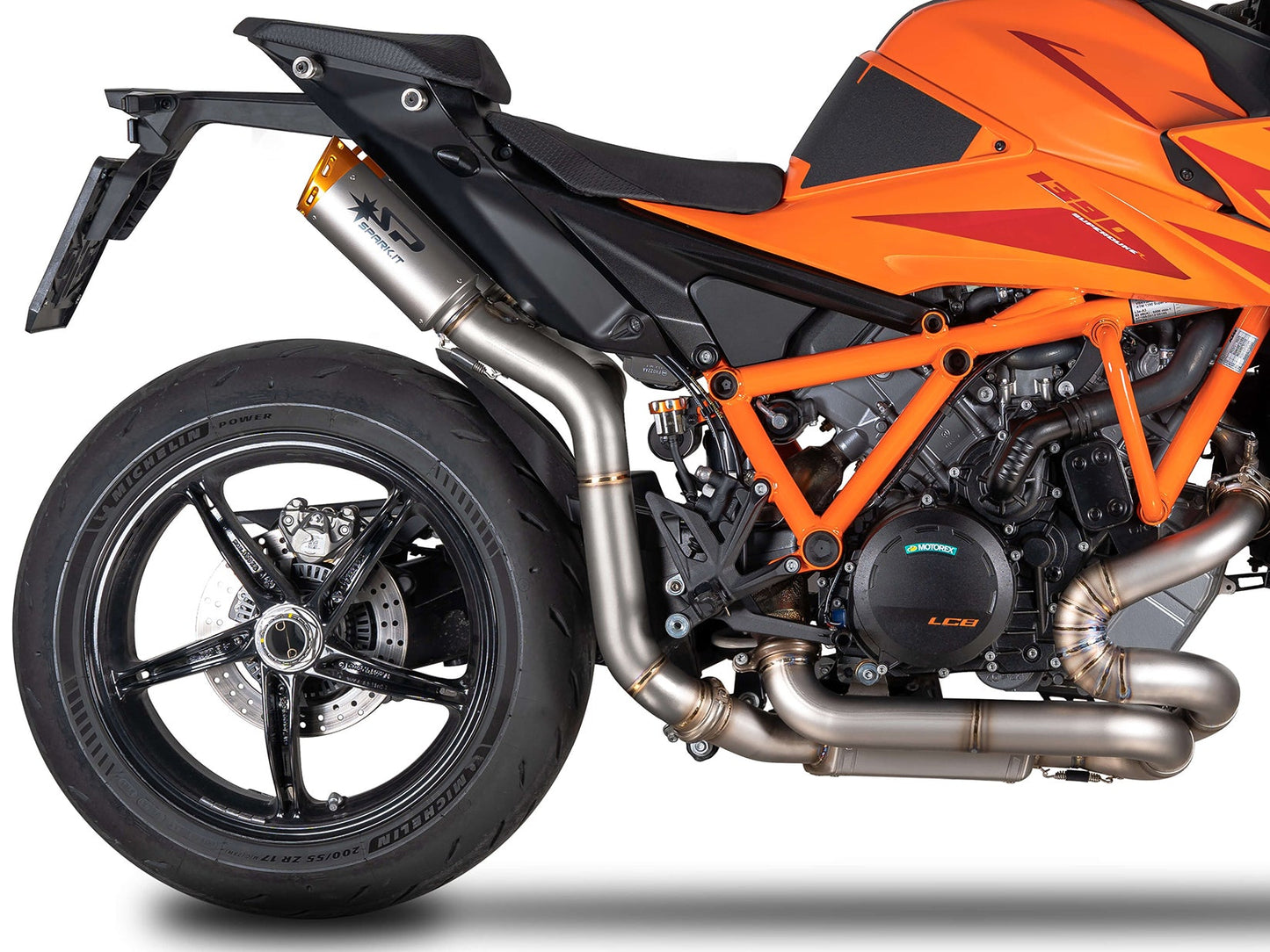 SPARK GKT0120 KTM 1290 / 1390 Super Duke R / R Evo (2020+) Titanium High-mount Double Exhaust "Dyno" (EU homologated; orange end caps)