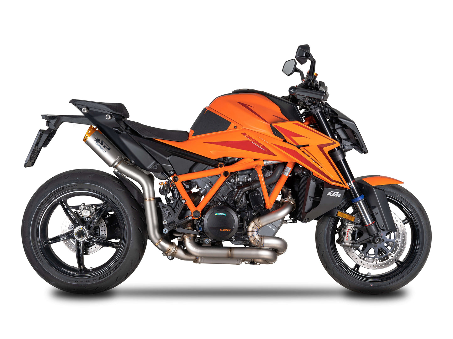 SPARK GKT0120 KTM 1290 / 1390 Super Duke R / R Evo (2020+) Titanium High-mount Double Exhaust "Dyno" (EU homologated; orange end caps)