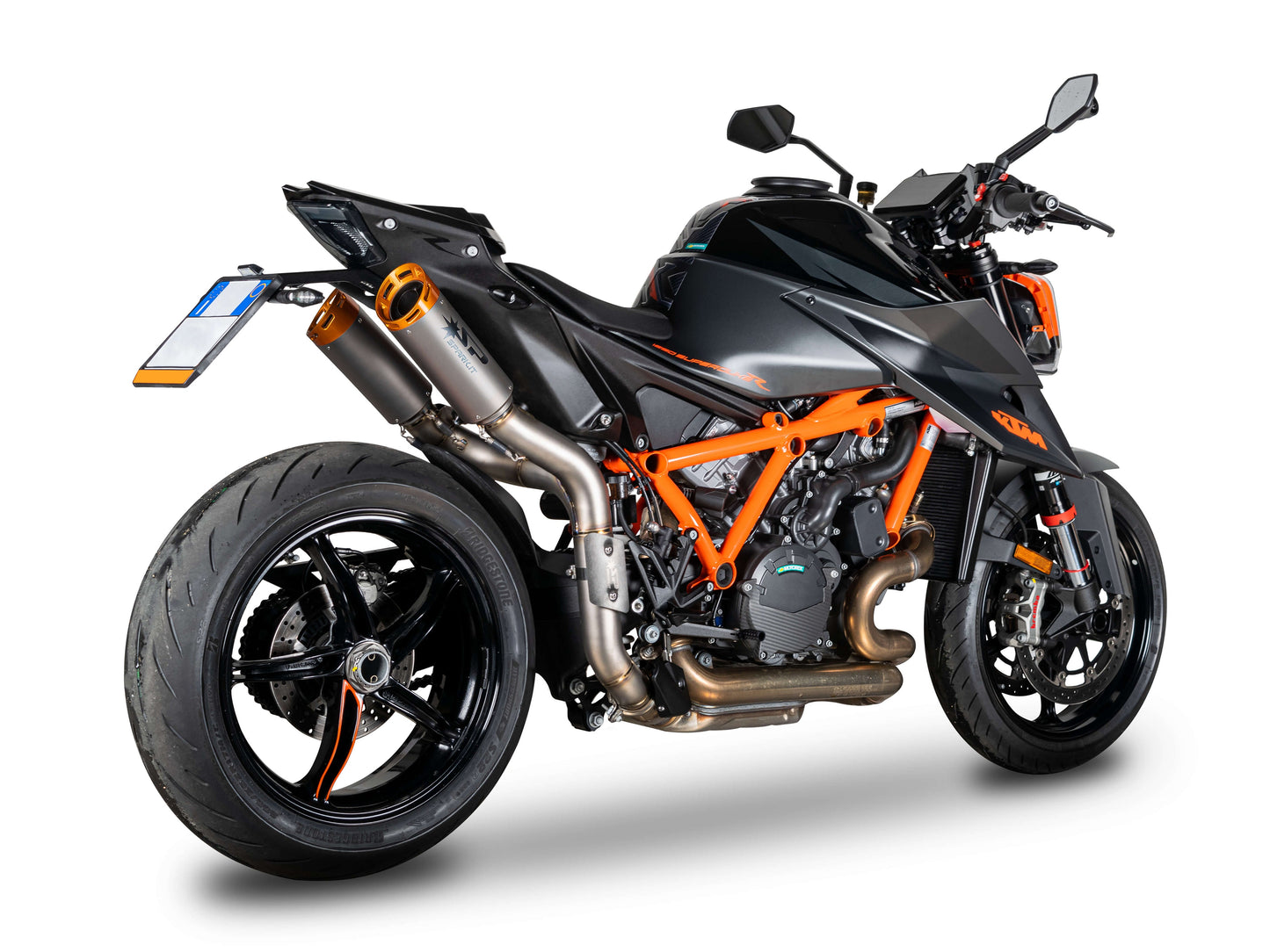 SPARK GKT0120 KTM 1290 / 1390 Super Duke R / R Evo (2020+) Titanium High-mount Double Exhaust "Dyno" (EU homologated; orange end caps)