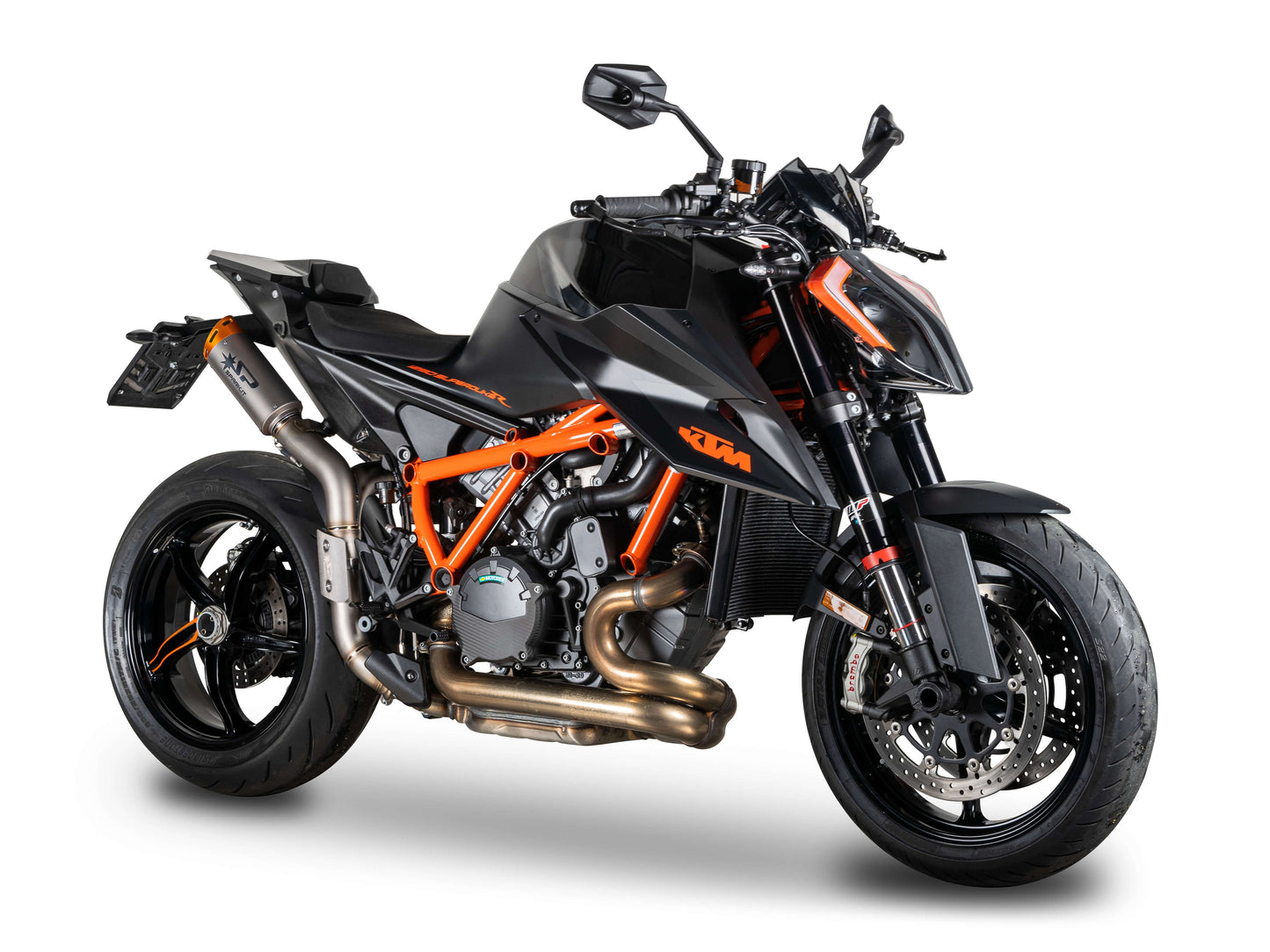 SPARK GKT0120 KTM 1290 / 1390 Super Duke R / R Evo (2020+) Titanium High-mount Double Exhaust "Dyno" (EU homologated; orange end caps)