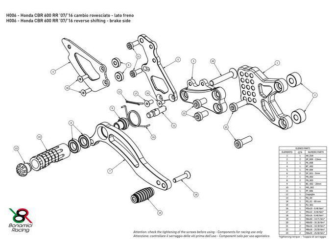 H006 - BONAMICI RACING Honda CBR600RR (07/20) Adjustable Rearset (racing) – Accessories in MotoDeal – Motorcycle Accessories and Parts Online Shop