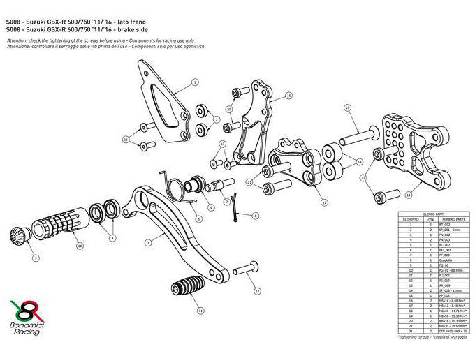 S008 - BONAMICI RACING Suzuki GSX-R600 / GSX-R750 (11/18) Adjustable Rearset – Accessories in the 2WheelsHero Motorcycle Aftermarket Accessories and Parts Online Shop