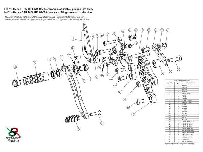 H009 - BONAMICI RACING Honda CBR1000RR (08/16) Adjustable Rearset (racing) – Accessories in the 2WheelsHero Motorcycle Aftermarket Accessories and Parts Online Shop