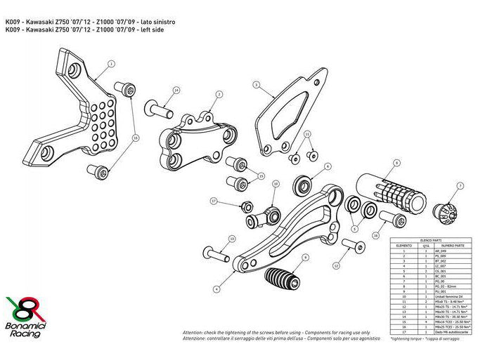 K009 - BONAMICI RACING Kawasaki Z750 / Z1000 (07/12) Adjustable Rearset – Accessories in the 2WheelsHero Motorcycle Aftermarket Accessories and Parts Online Shop