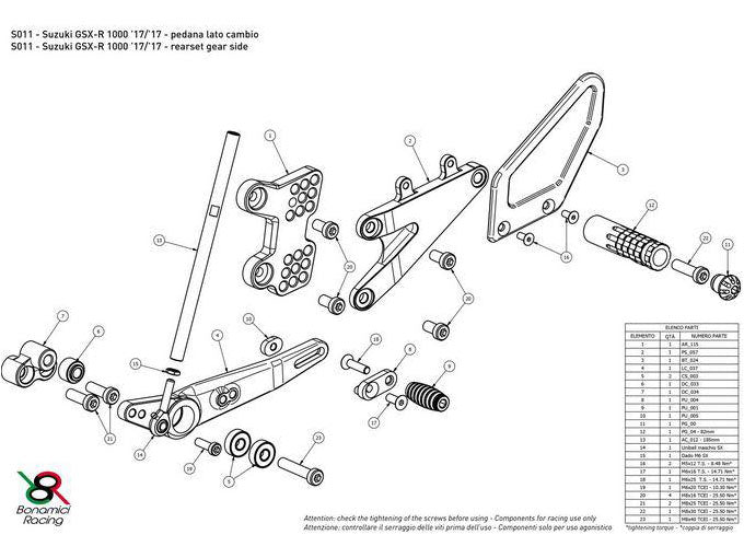 S011 - BONAMICI RACING Suzuki GSX-R1000 (2017+) Adjustable Rearset – Accessories in the 2WheelsHero Motorcycle Aftermarket Accessories and Parts Online Shop