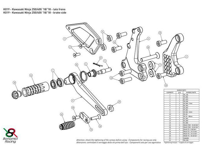 K019 - BONAMICI RACING Kawasaki Ninja 250 / 400 (2018+) Adjustable Rearset – Accessories in the 2WheelsHero Motorcycle Aftermarket Accessories and Parts Online Shop