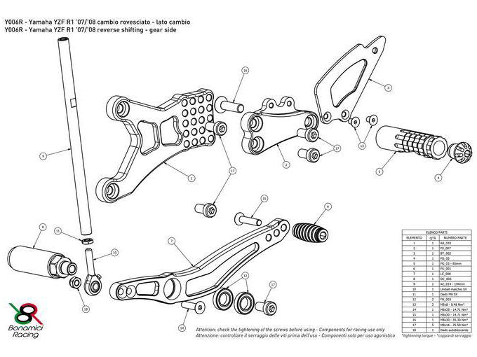 Y006R - BONAMICI RACING Yamaha YZF-R1 (07/08) Adjustable Rearset (reversed shift) – Accessories in the 2WheelsHero Motorcycle Aftermarket Accessories and Parts Online Shop