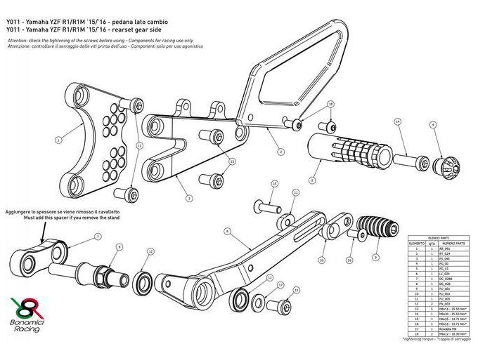 Y011 - BONAMICI RACING Yamaha YZF-R1 / YZF-R1M (2015+) Adjustable Rearset – Accessories in the 2WheelsHero Motorcycle Aftermarket Accessories and Parts Online Shop