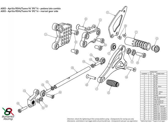 A003 - BONAMICI RACING Aprilia RSV4 / Tuono V4 (09/16) Adjustable Rearset – Accessories in the 2WheelsHero Motorcycle Aftermarket Accessories and Parts Online Shop