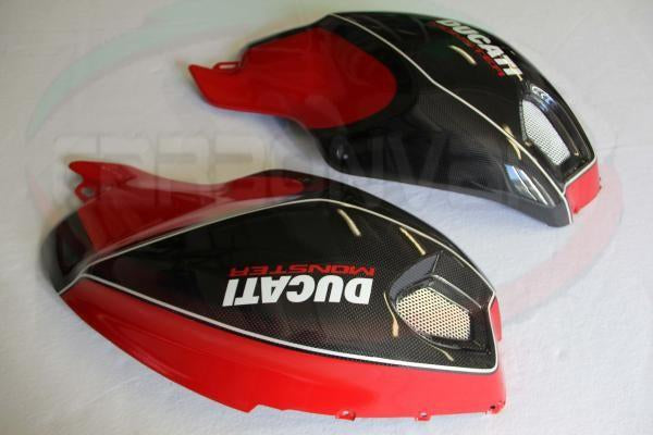 CARBONVANI Ducati Monster 696/796/1100 Carbon Side Tank Panels Kit "Black/Red"